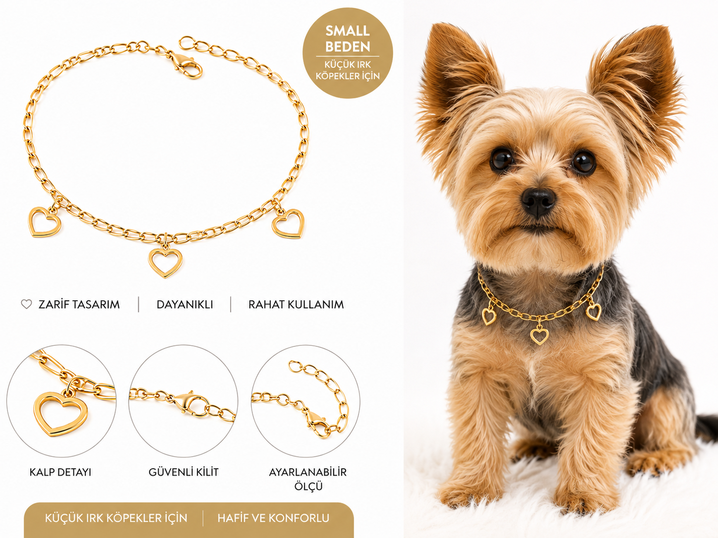 Köpek ve Kedi Kolyesi Kalp Detaylı Zincir Ayarlanabilir - Gold Small Beden