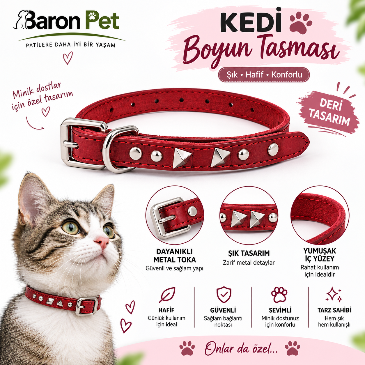 Perçin Süslemeli Deri Kedi Boyun Tasması Ayarlanabilir Metal Tokalı - Kırmızı