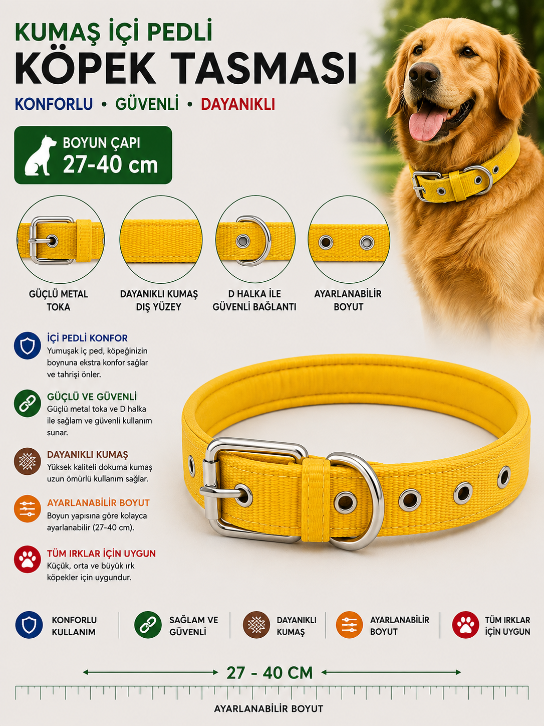 Köpek Boyun Tasması İçi Pedli 27-40 cm Dokuma Kumaş Ayarlanabilir Metal Tokalı - Sarı