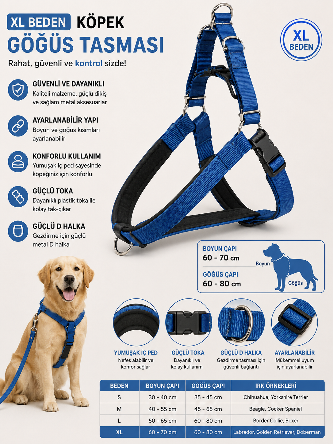 Köpek Göğüs Tasması XL Beden Boyun 60-70 cm Göğüs 60-80 cm İçi Pedli Ayarlanabilir - Mavi