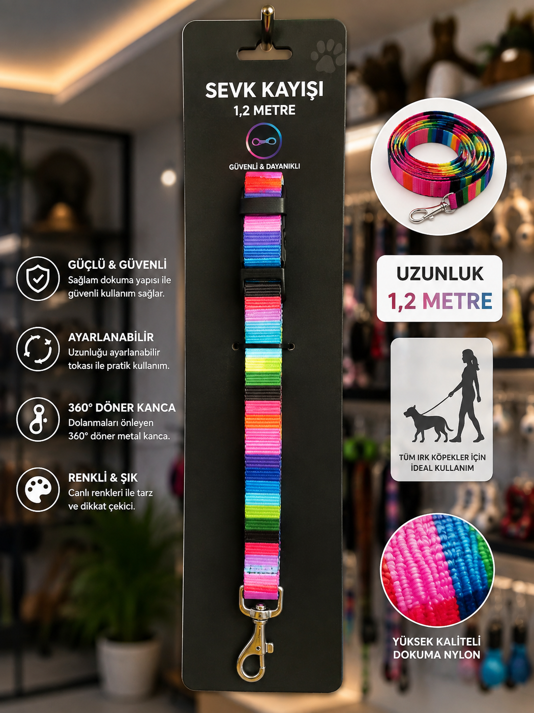 Köpek Sevk Kayışı 1,2 Metre Ayarlanabilir 360 Derece Döner Metal Kancalı - Gökkuşağı