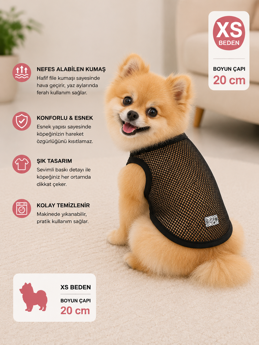 Köpek Tişörtü XS Beden Boyun Çapı 20 cm Düz File Kumaş Kolsuz Atlet - Siyah