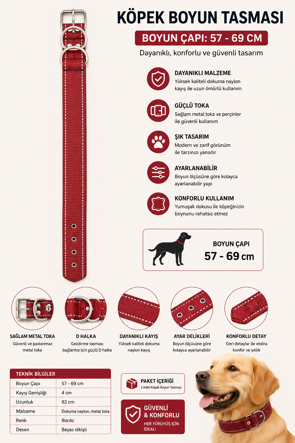 Pedli Köpek Boyun Tasması 57-69 cm 4 cm Geniş Kalın Beyaz Dikişli Metal Tokalı - Bordo