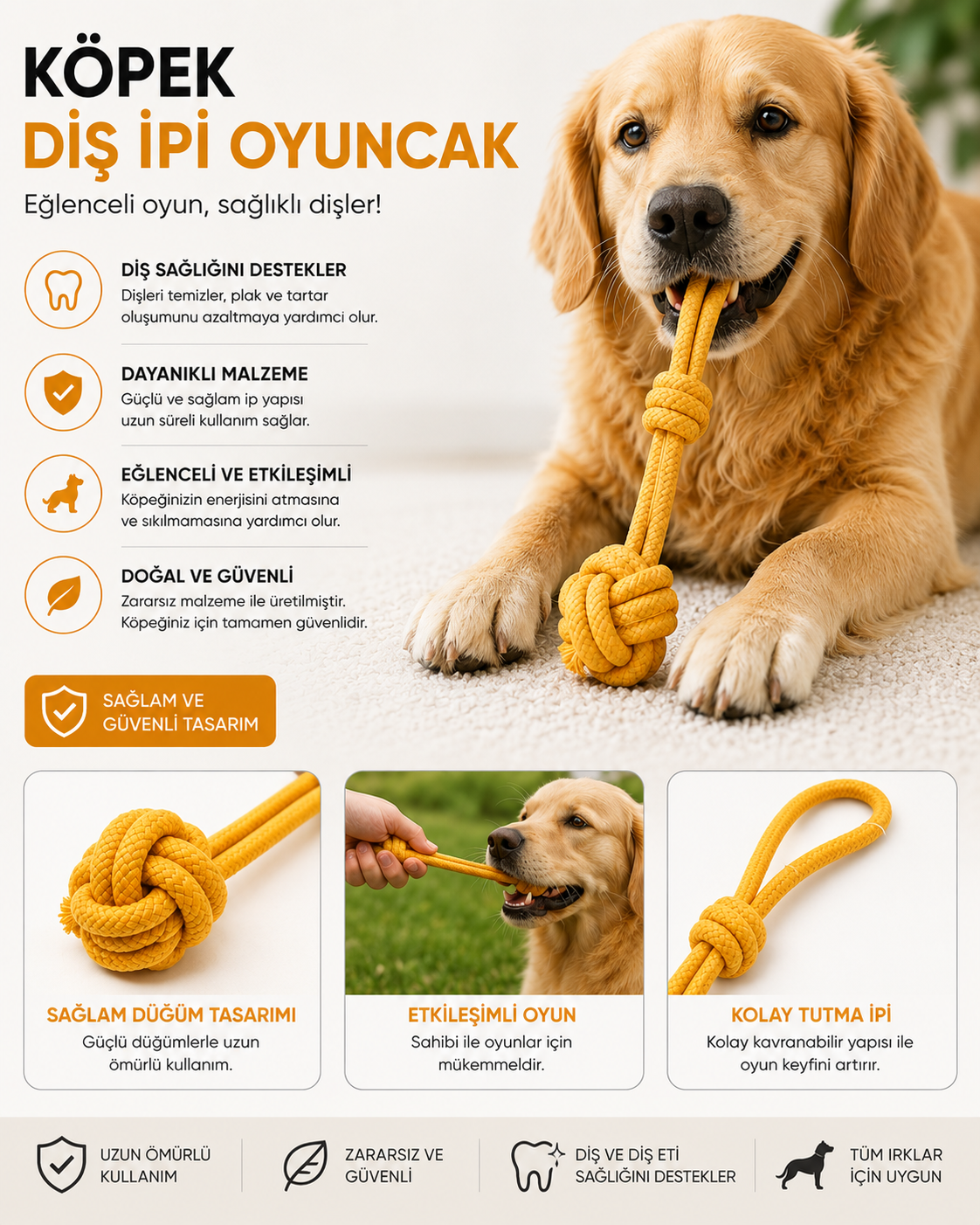 Köpek Diş İpi Oyuncağı Düğümlü Halat Çekiştirme Oyuncağı - Sarı