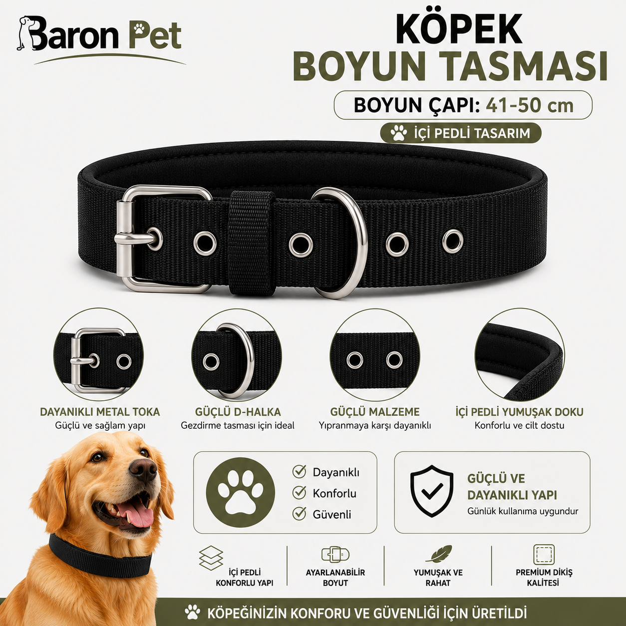 Pedli Köpek Boyun Tasması 41-50 cm 2 cm İçi Pedli Metal Tokalı D Halkalı - Siyah