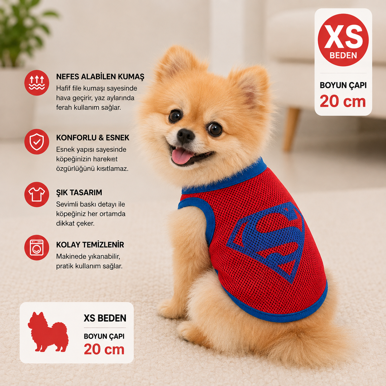 Köpek Tişörtü XS Beden Boyun Çapı 20 cm File Kumaş Kalkan Amblemli Kolsuz Atlet - Kırmızı