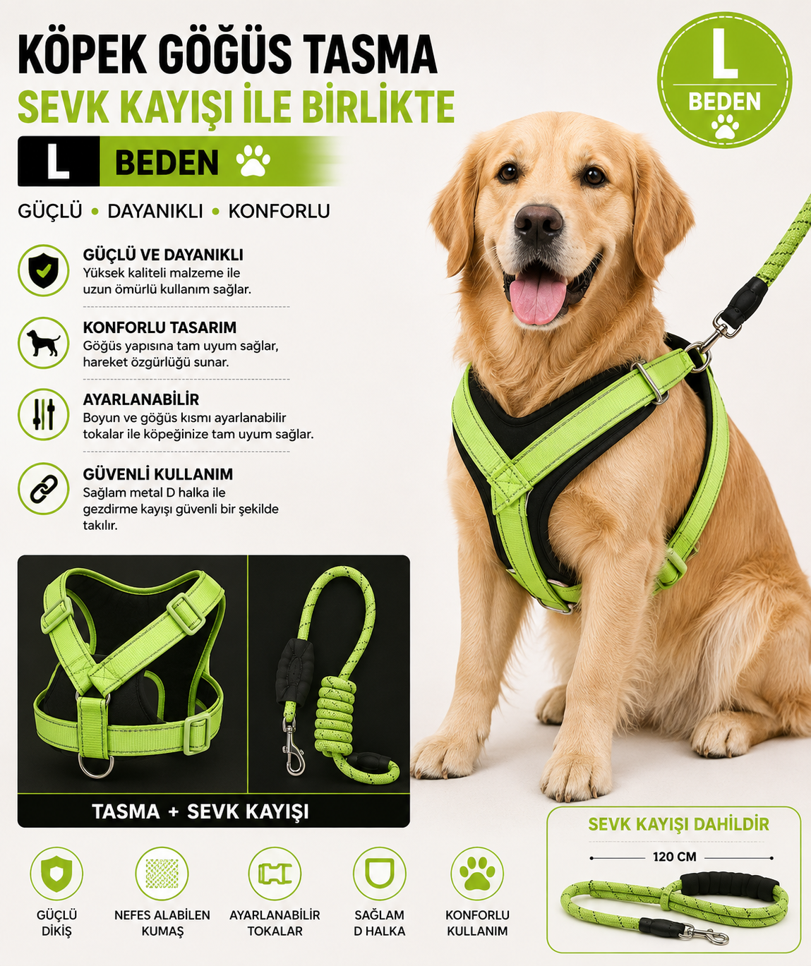 Köpek Göğüs Tasması ve Halat Sevk Kayışı Seti L Beden Reflektörlü - Yeşil