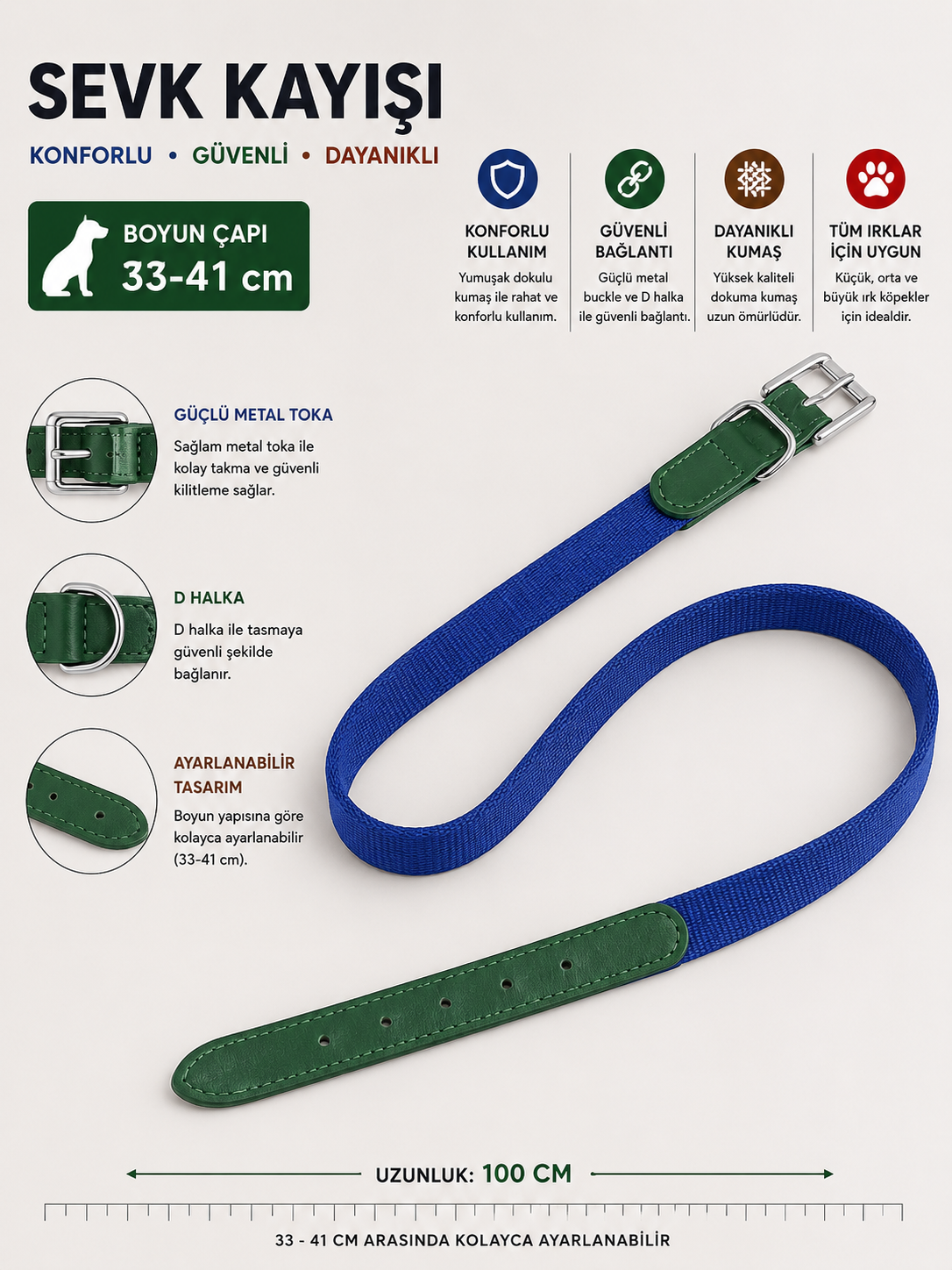 Köpek Boyun Tasması 33-41 cm Dokuma Kumaş Deri Detaylı Ayarlanabilir Metal Tokalı - Mavi Yeşil