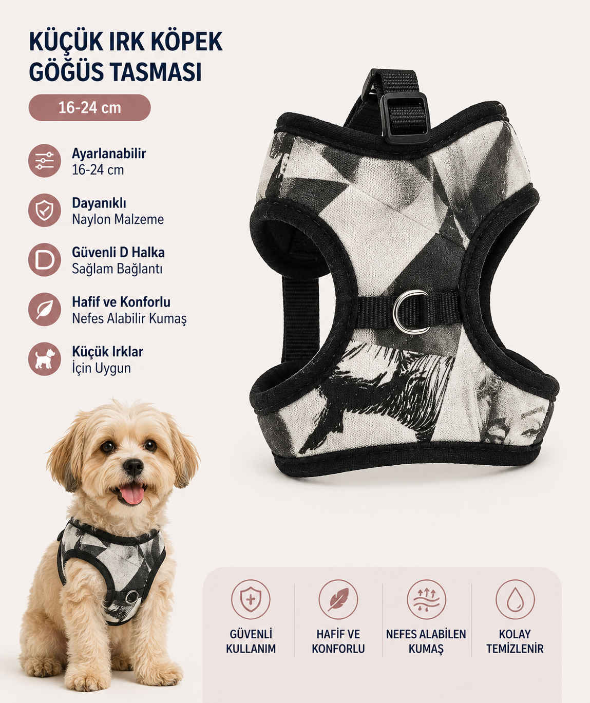 Küçük Irk Köpek Göğüs Tasması Yelek Tipi 16-24 cm Desenli Nefes Alabilen - Siyah Beyaz