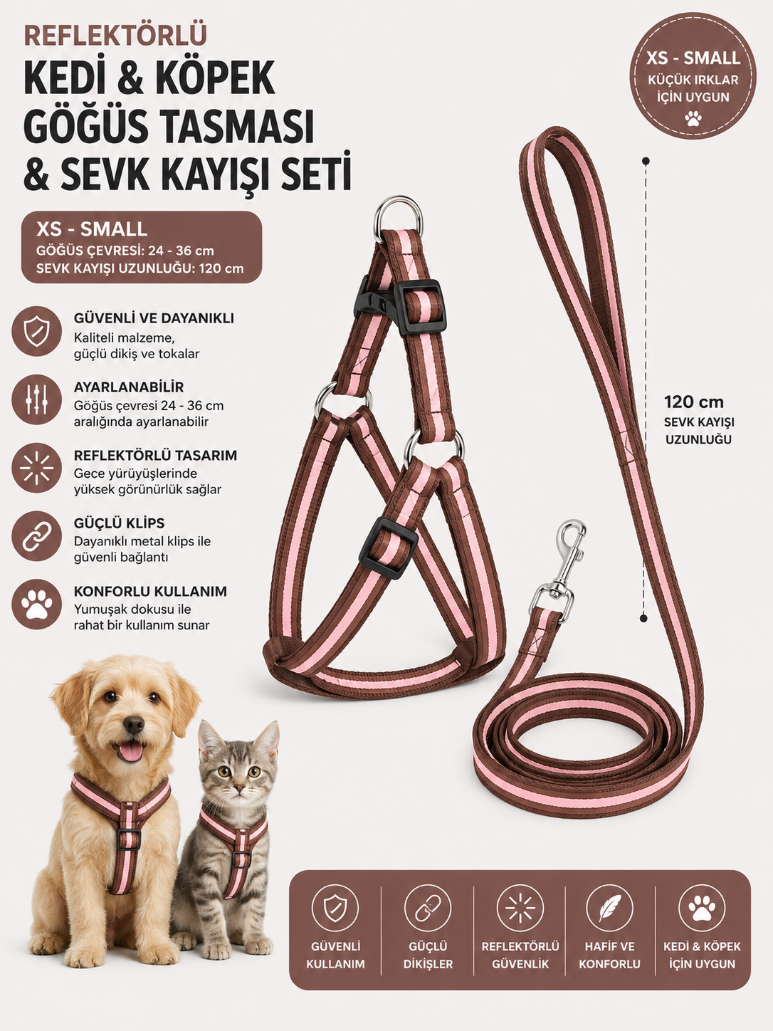 Reflektörlü Kedi ve Köpek Göğüs Tasması Sevk Kayışı Seti XS-S 24-36 cm 120 cm Kayış - Kahverengi Pembe