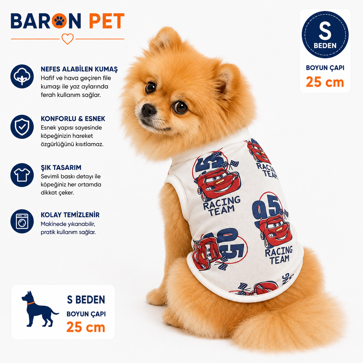 Köpek Tişörtü S Beden Boyun Çapı 25 cm Yarış Arabası Desenli Kolsuz Atlet - Krem