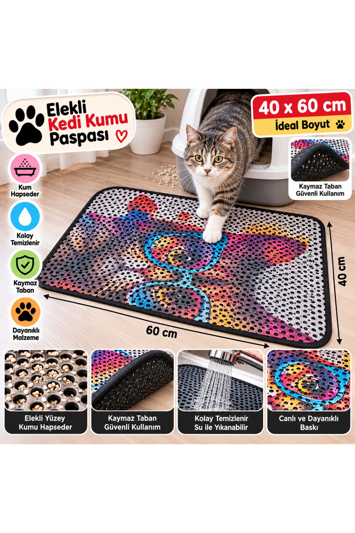 Elekli Kedi Kumu Paspası 40x60 cm - Su Geçirmez Kaymaz Taban