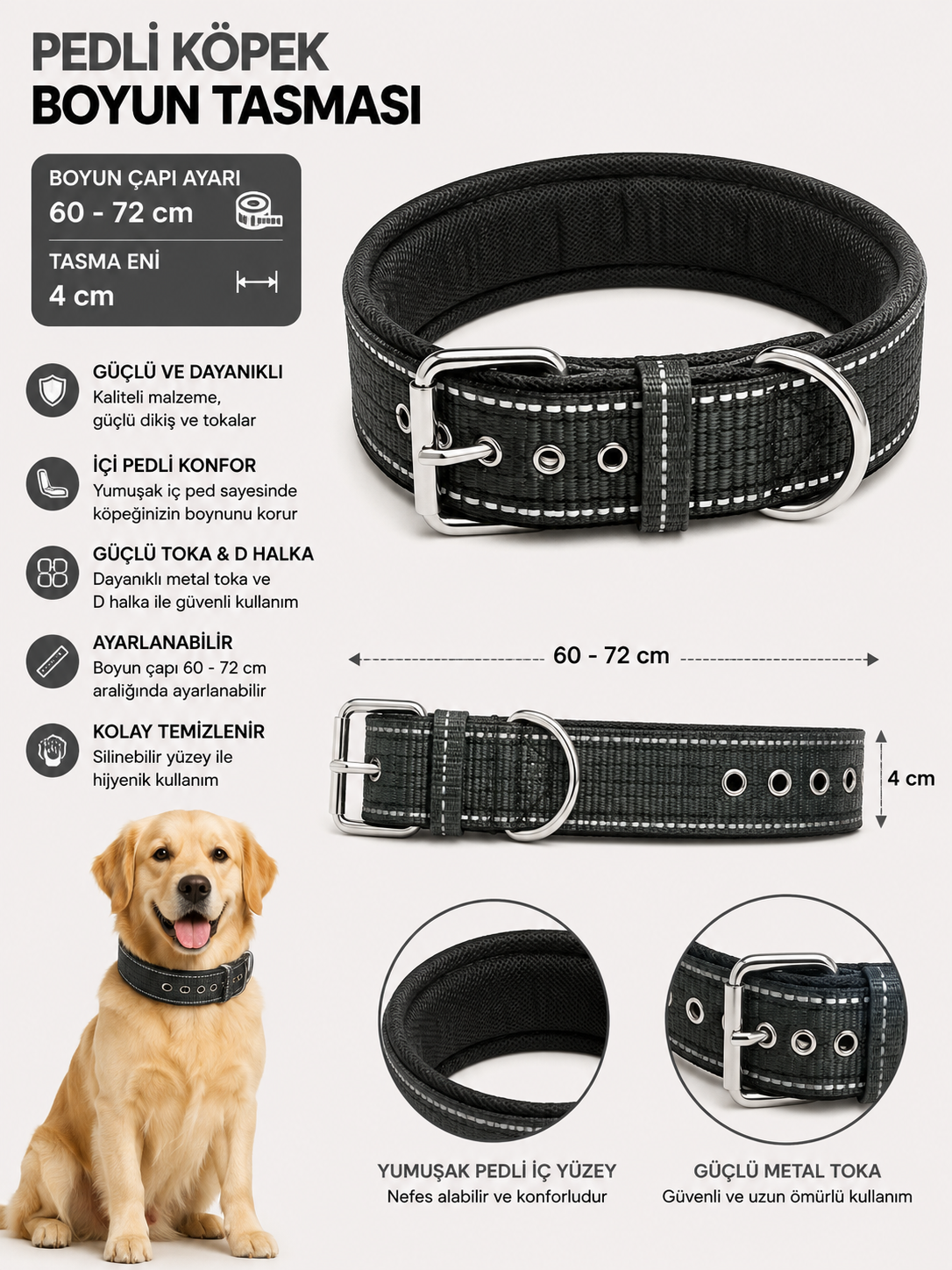 Pedli Köpek Boyun Tasması 60-72 cm 4 cm Geniş Reflektörlü Dikişli Metal Tokalı - Siyah