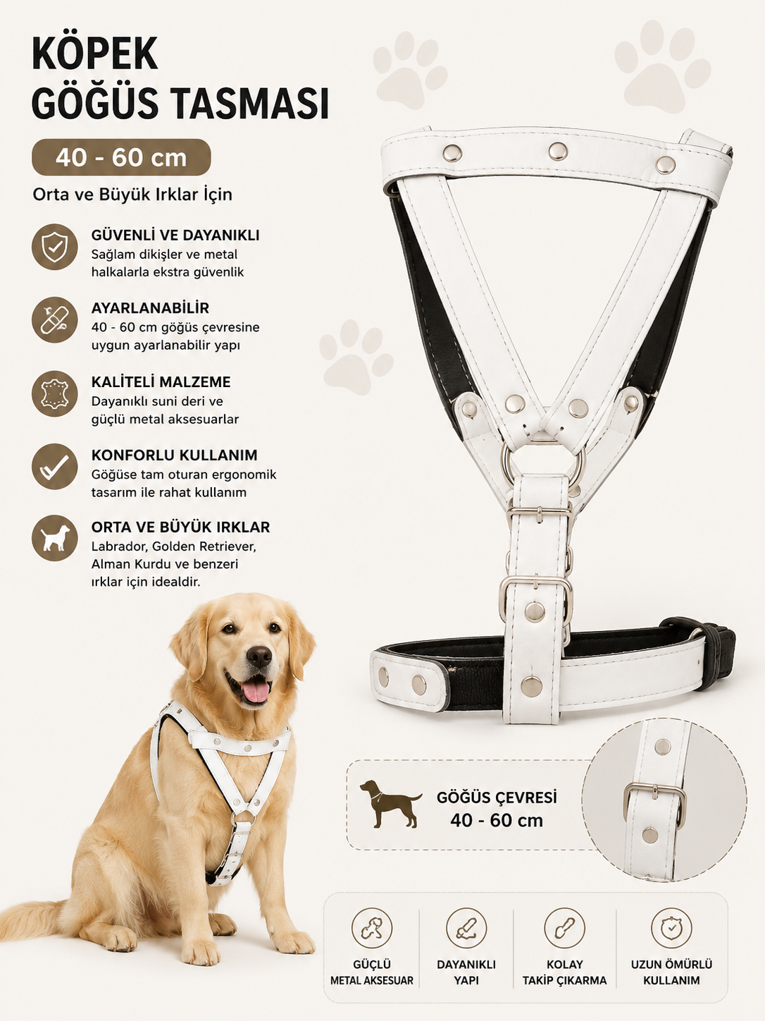 Köpek Göğüs Tasması ve Sevk Kayışı Seti 40-60 cm Suni Deri Perçinli Orta Büyük Irk - Beyaz
