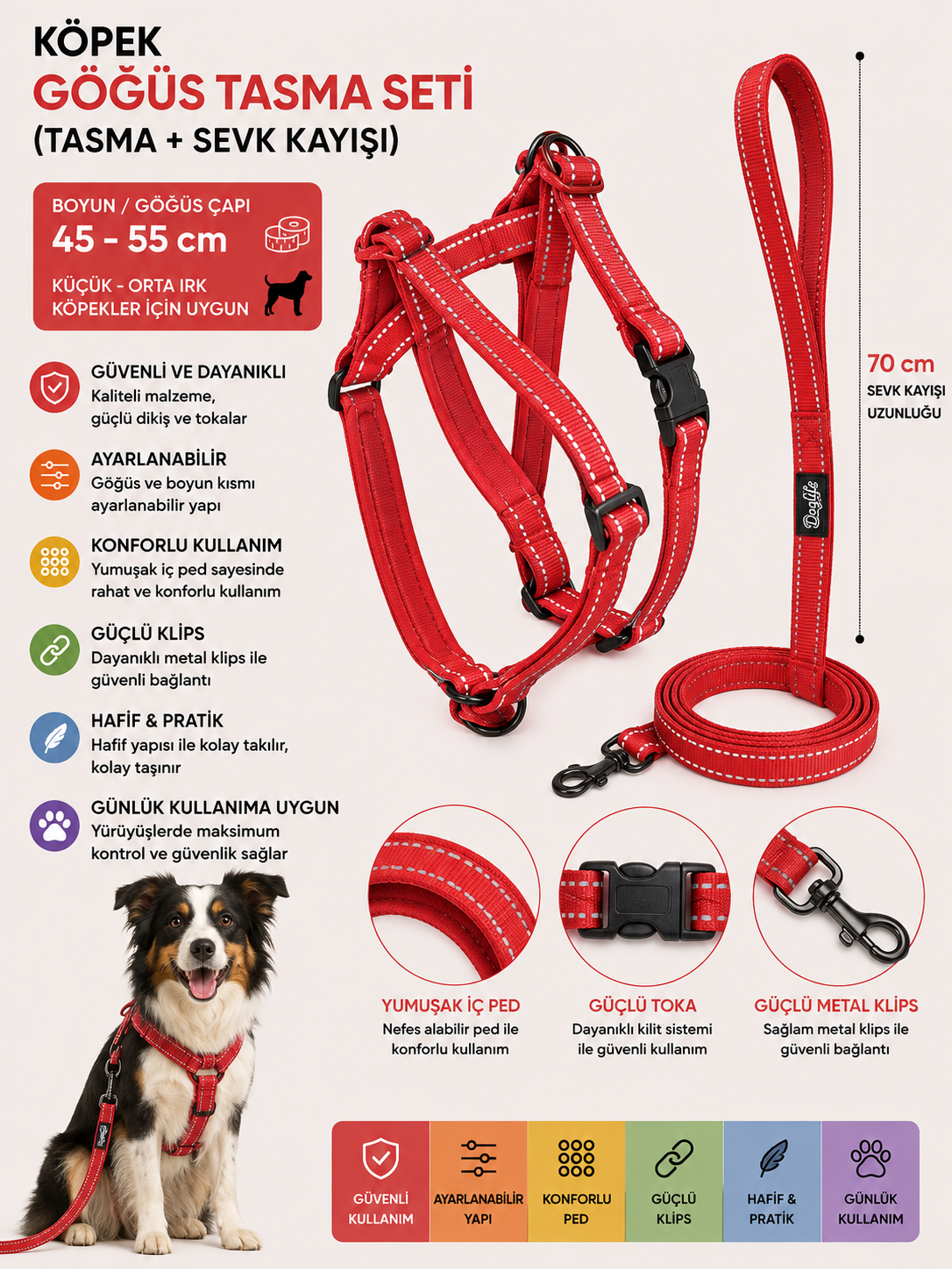 Köpek Göğüs Tasması ve Sevk Kayışı Seti 45-55 cm Reflektörlü İçi Pedli 70 cm Kayış - Kırmızı