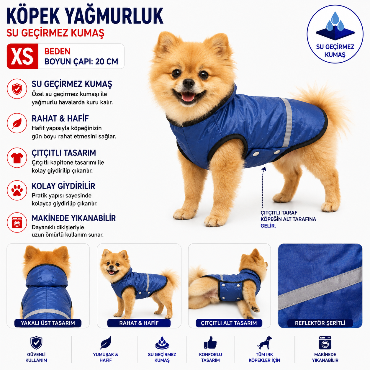 Köpek Yağmurluk XS Beden Boyun Çapı 20 cm Su Geçirmez Reflektörlü Çıtçıtlı - Mavi
