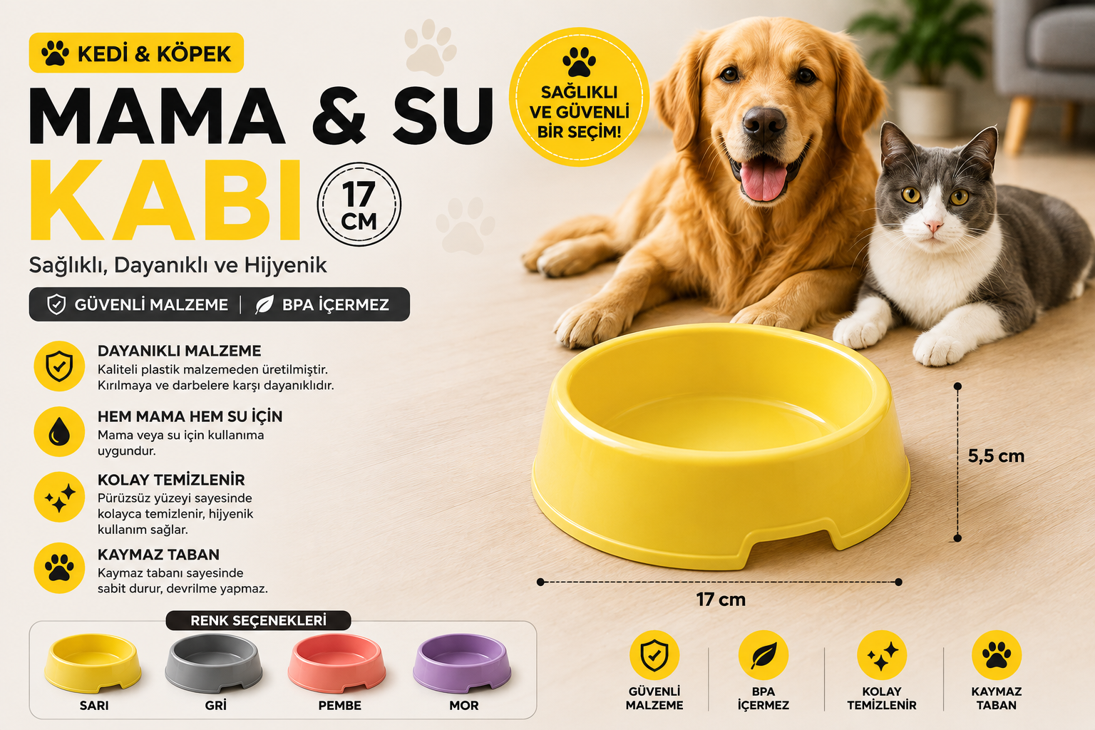 Kedi Köpek Mama ve Su Kabı 17 cm Kaymaz Tabanlı BPA İçermez - Sarı