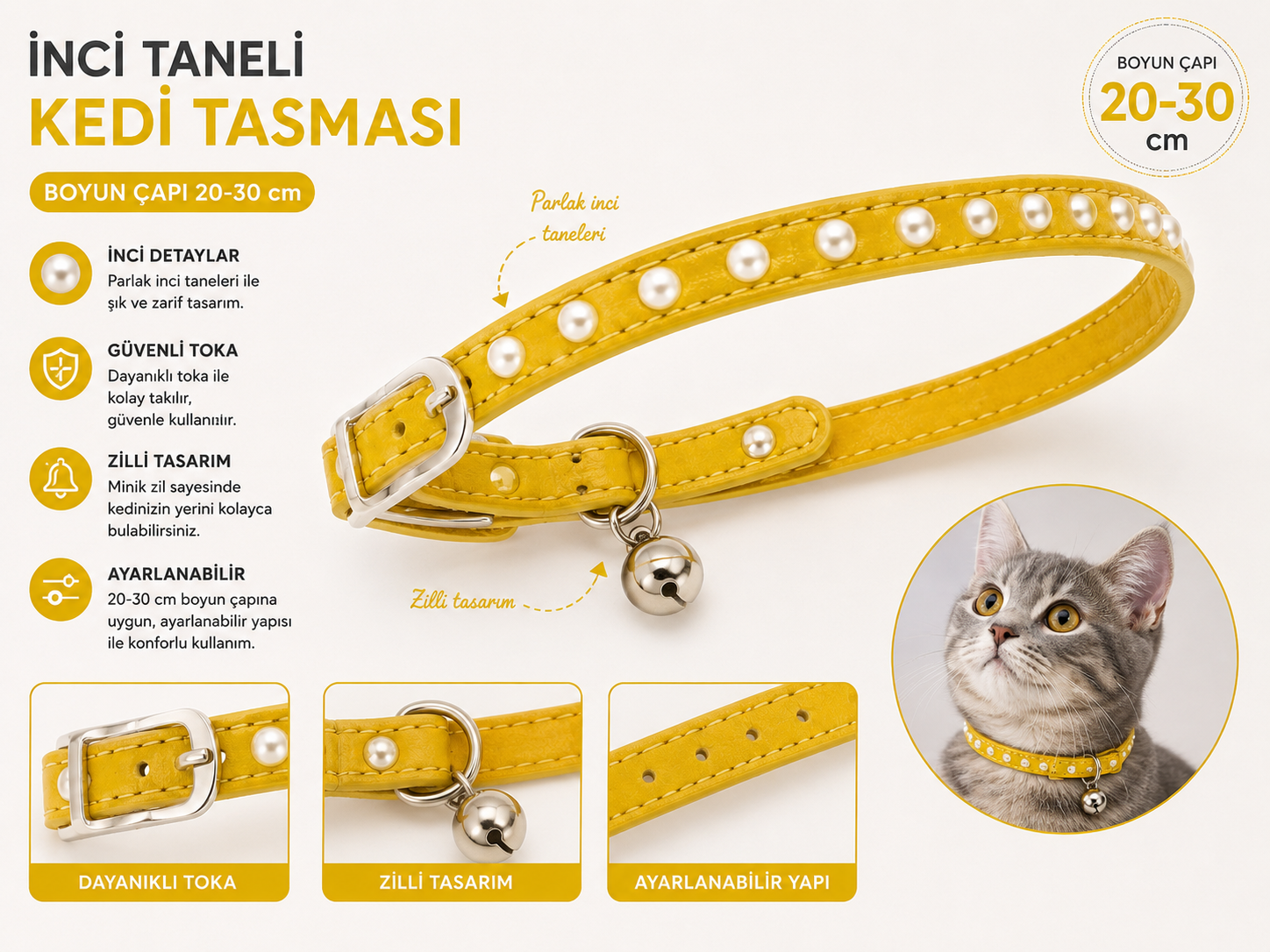 İnci Taneli Kedi Tasması 20-30 cm Zilli Ayarlanabilir Metal Tokalı - Sarı