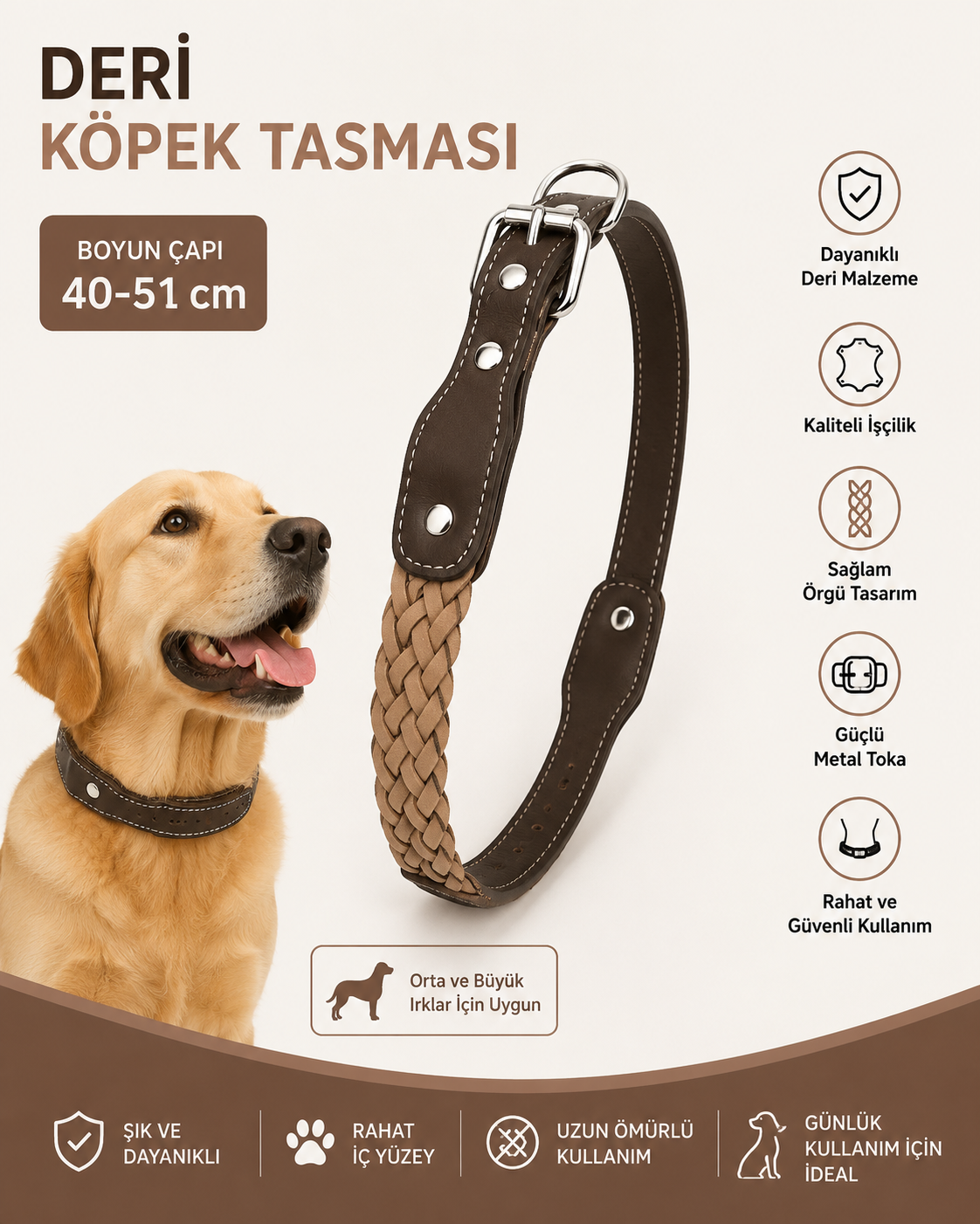 Örgü Deri Köpek Boyun Tasması 40-51 cm Ayarlanabilir Metal Tokalı Perçinli - Kahverengi