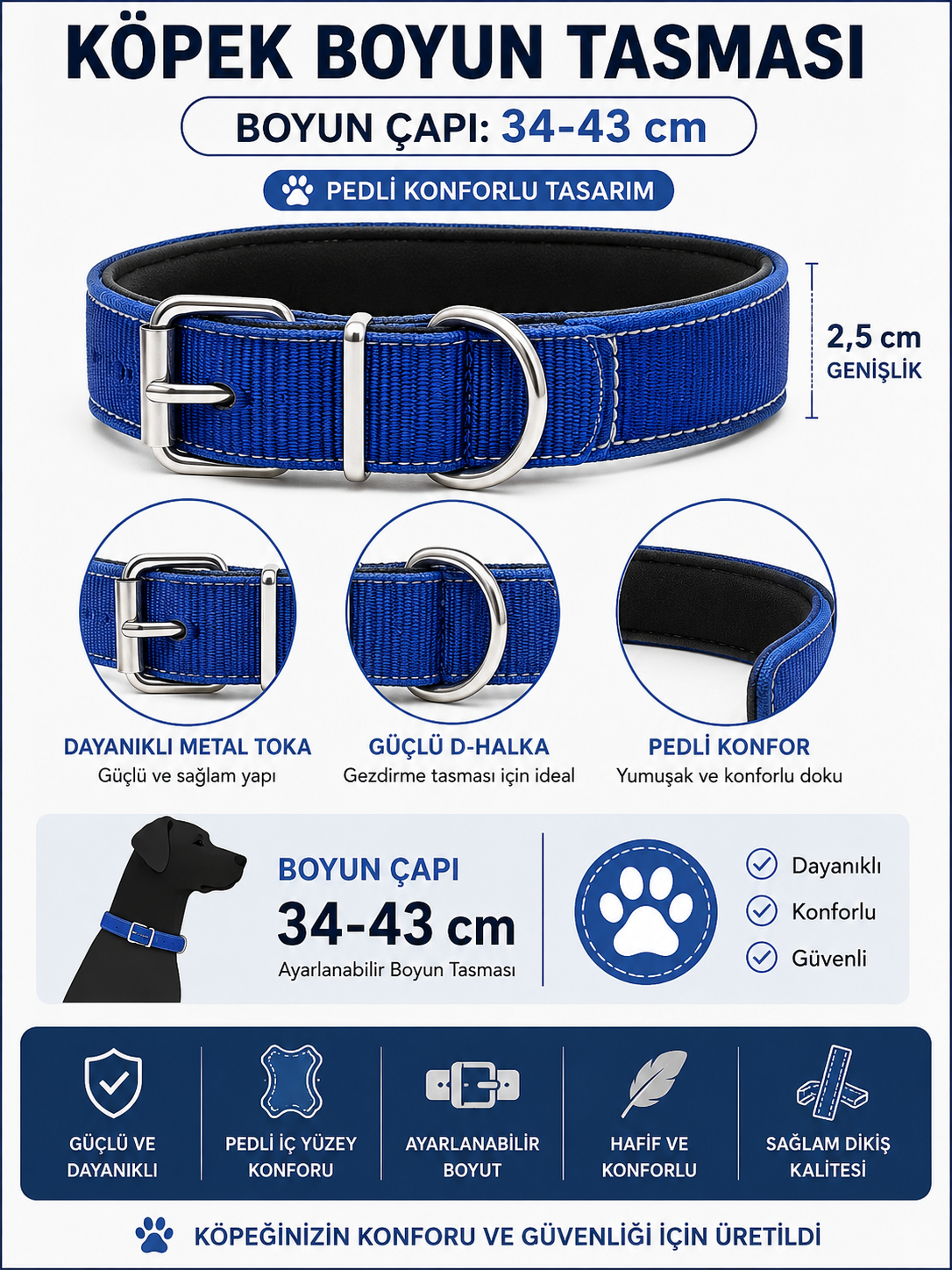 Pedli Köpek Boyun Tasması 34-43 cm 2,5 cm Dokuma Naylon Metal Tokalı - Saks Mavi