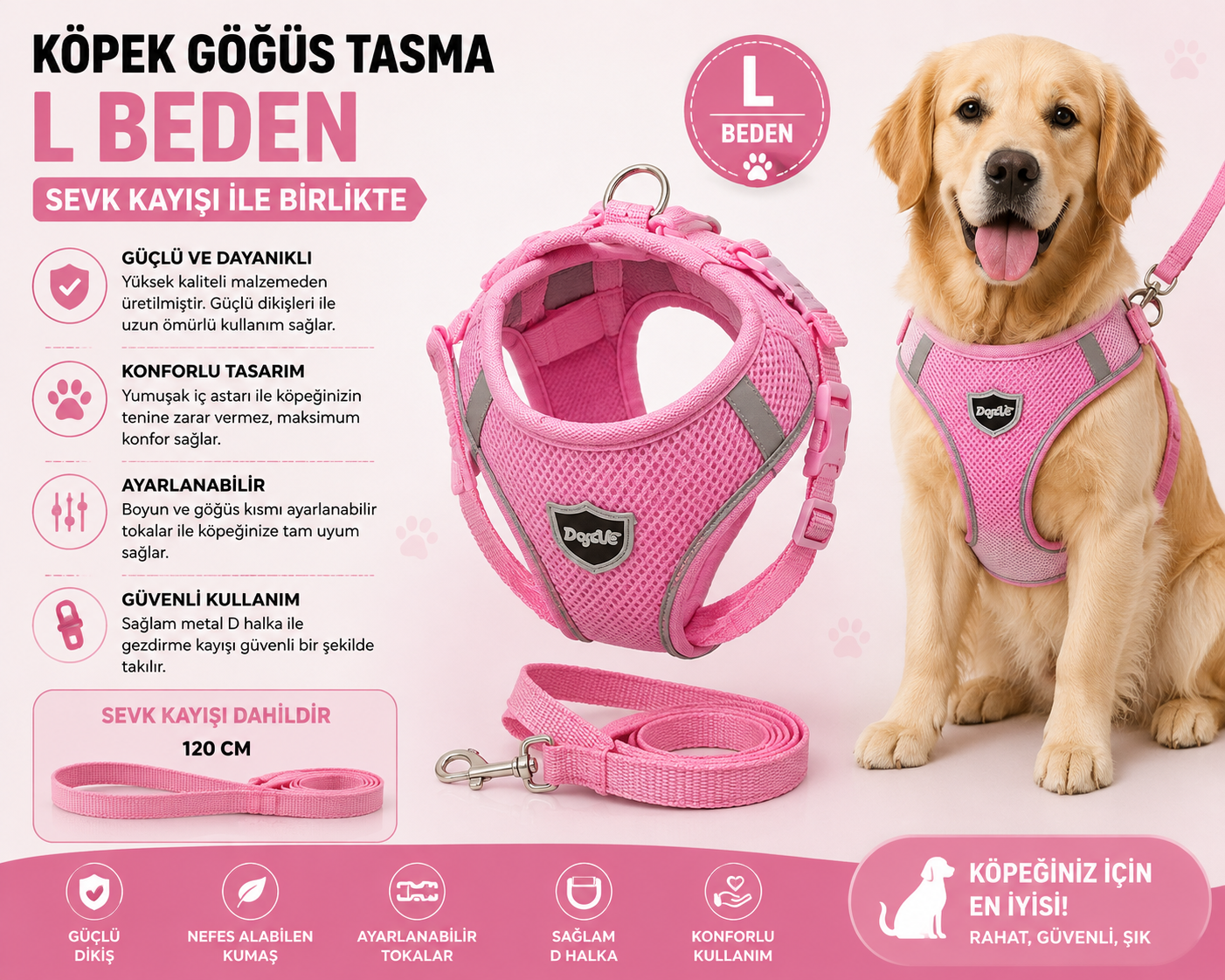 Dog Life Köpek Göğüs Tasması ve Gezdirme Kayışı Seti L Beden Nefes Alan File Reflektörlü - Pembe