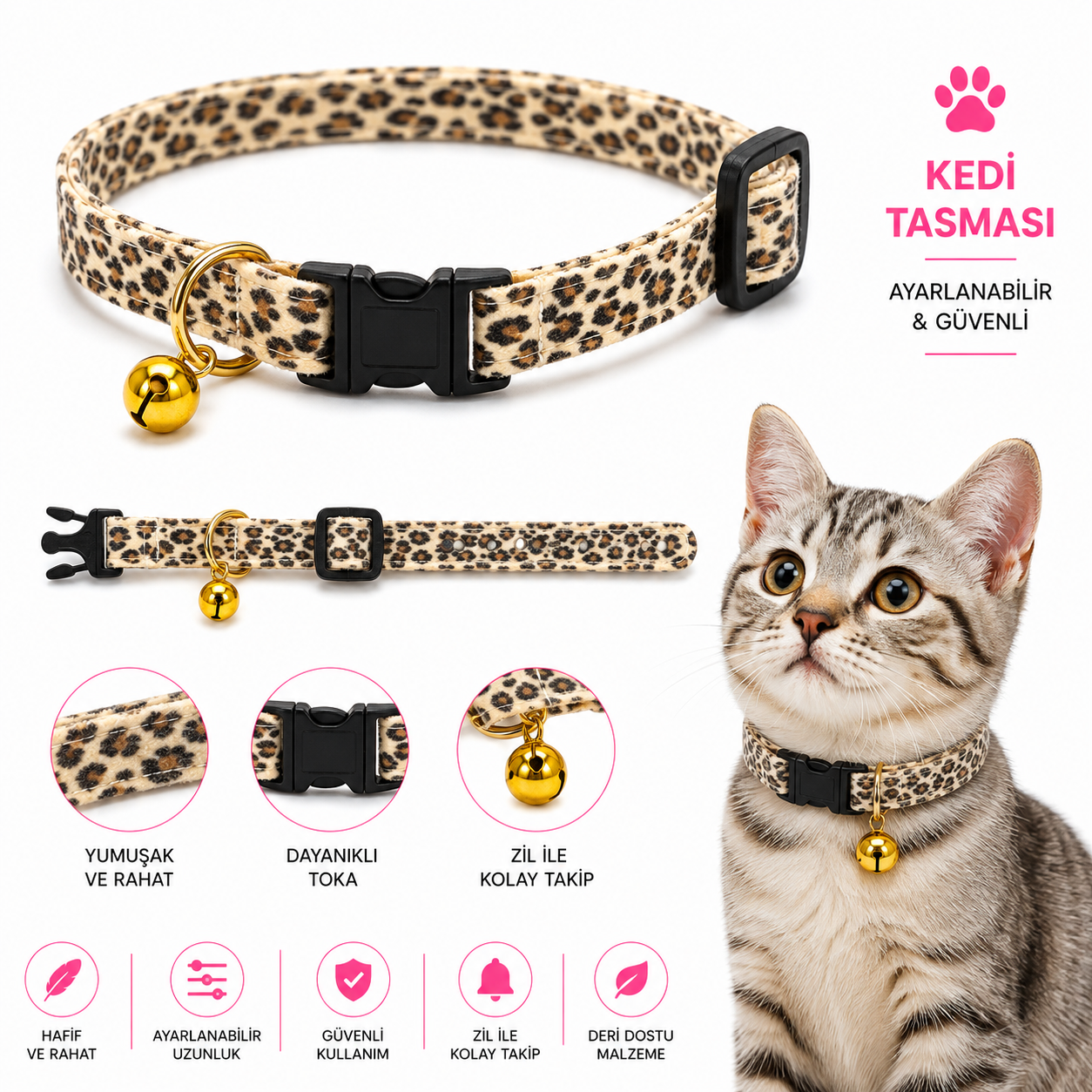 Kedi Tasması Leopar Desenli Zilli Ayarlanabilir Klipsli - Bej
