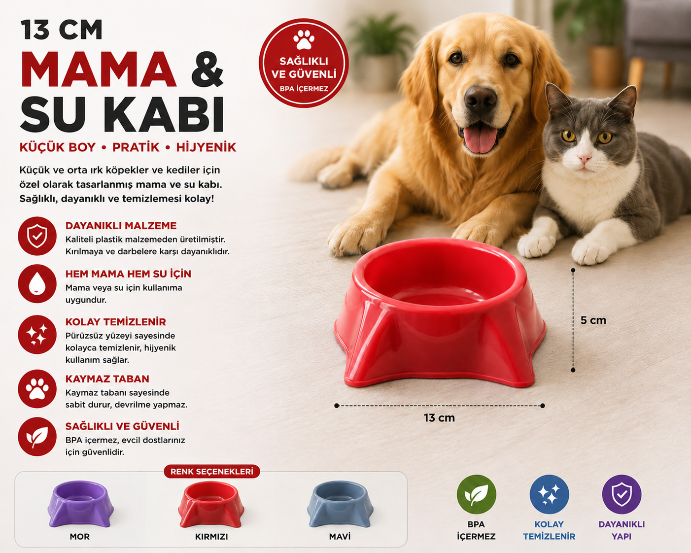 Kedi Köpek Mama ve Su Kabı 13 cm Küçük Boy Kaymaz Tabanlı - Kırmızı