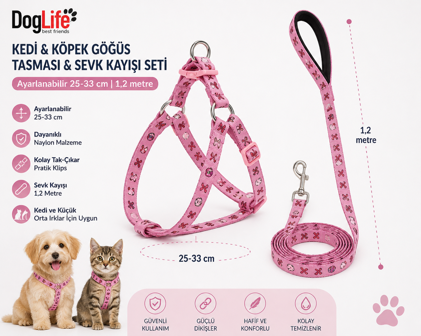 Kedi ve Köpek Göğüs Tasması Sevk Kayışı Seti 25-33 cm Çiçek Desenli 1,2 Metre - Pembe