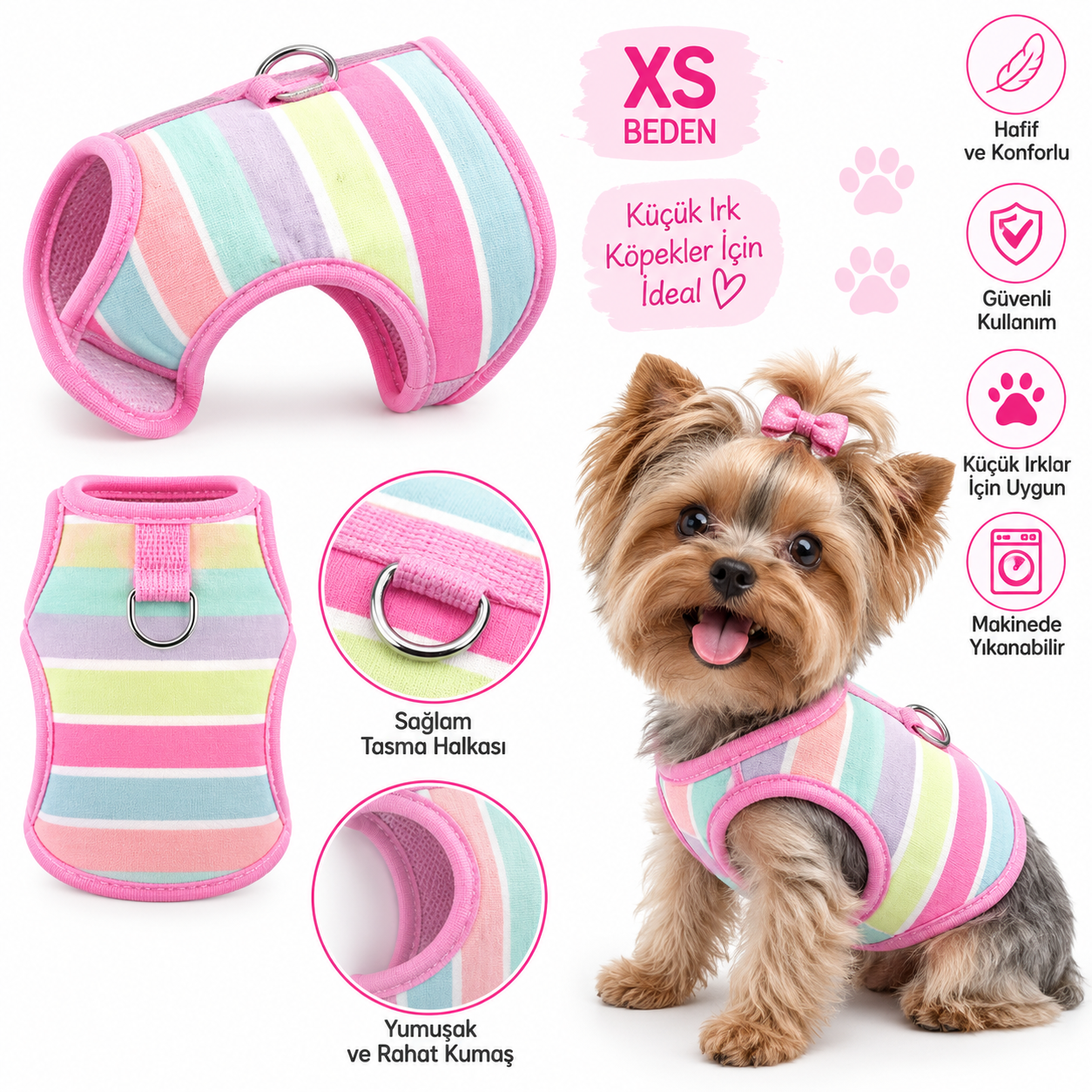 Küçük Irk Köpek Göğüs Tasması Yelek Tipi Pastel Çizgili - XS Beden