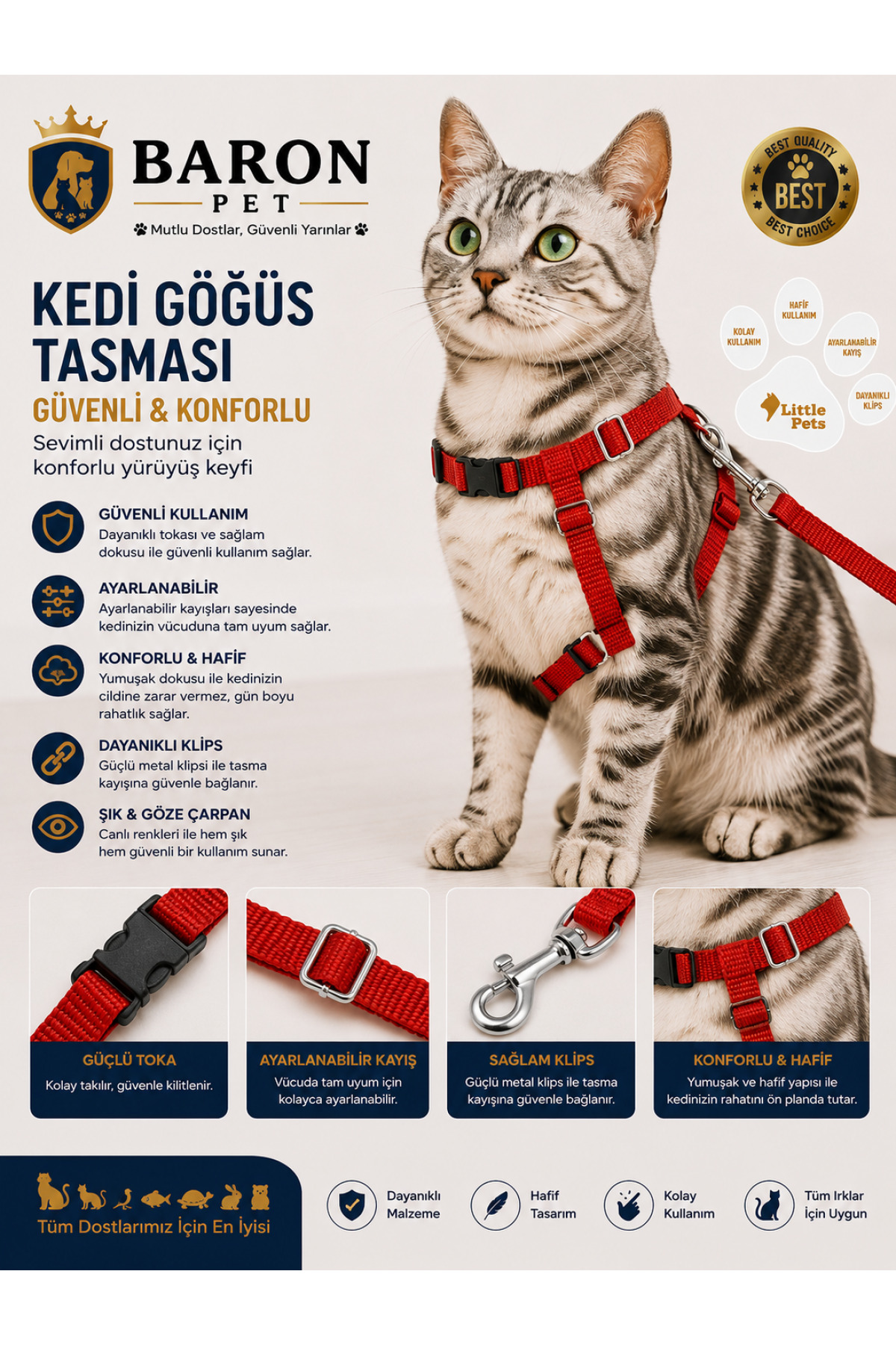 Kedi Göğüs Tasması ve Gezdirme Kayışı Seti Kırmızı Düz Ayarlanabilir