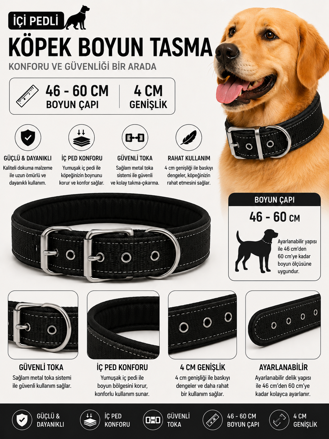 Köpek Boyun Tasması İçi Pedli 46-60 cm 4 cm Geniş Ayarlanabilir Metal Tokalı - Siyah