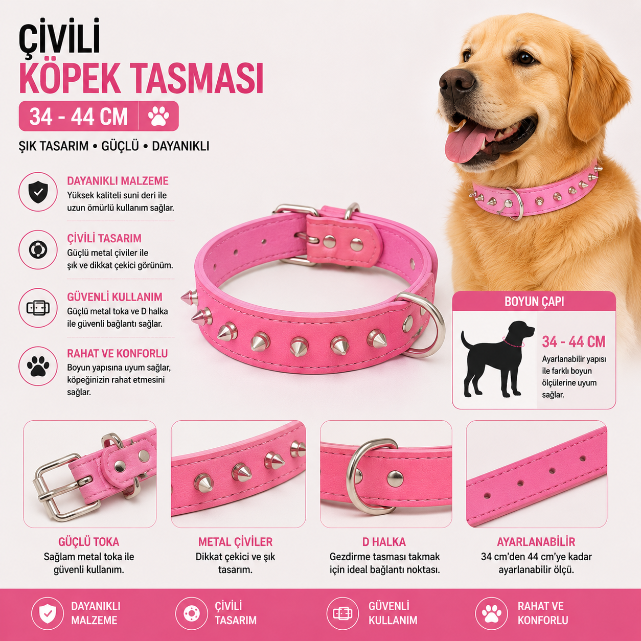 Dog Life Çivili Köpek Boyun Tasması 34-44 cm Ayarlanabilir Metal Tokalı - Pembe