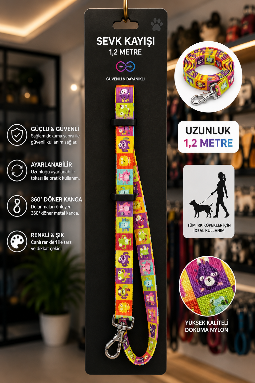 Köpek Sevk Kayışı 1,2 Metre Ayarlanabilir 360 Derece Döner Metal Kancalı - Canavar Desenli