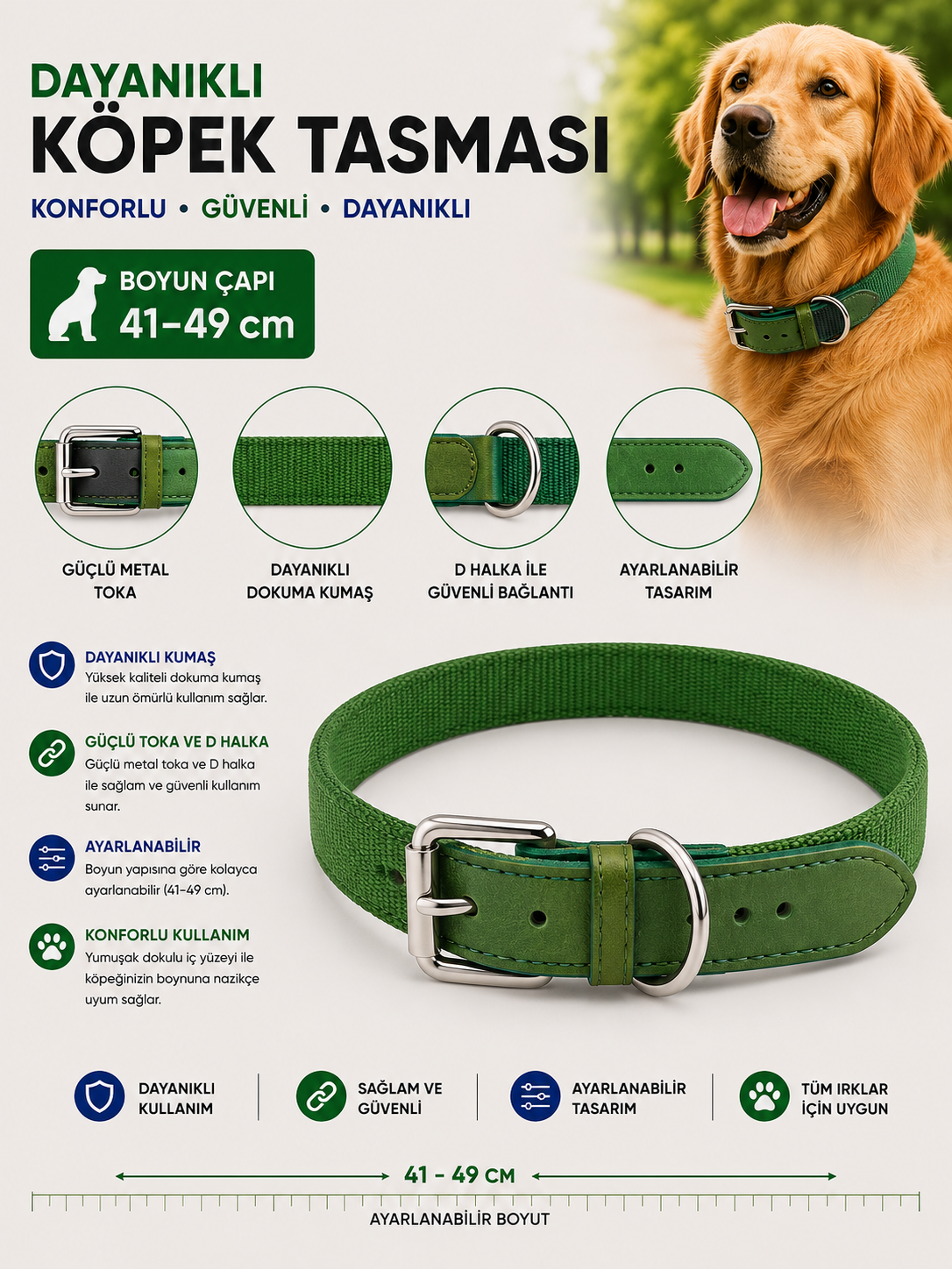 Köpek Boyun Tasması 41-49 cm Dokuma Kumaş Deri Detaylı Ayarlanabilir Metal Tokalı - Yeşil