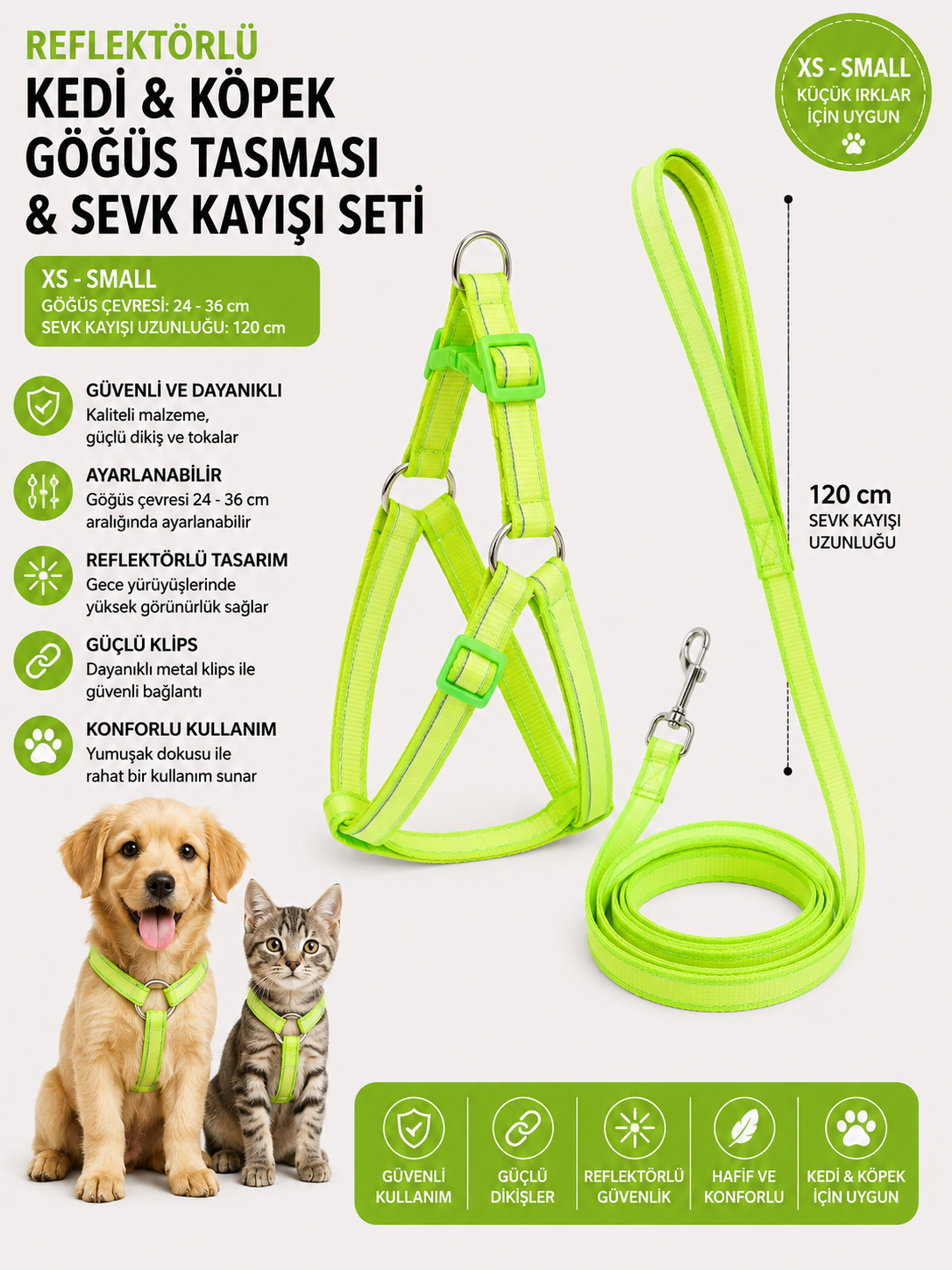 Reflektörlü Kedi ve Köpek Göğüs Tasması Sevk Kayışı Seti XS-S 24-36 cm 120 cm Kayış - Neon Yeşil