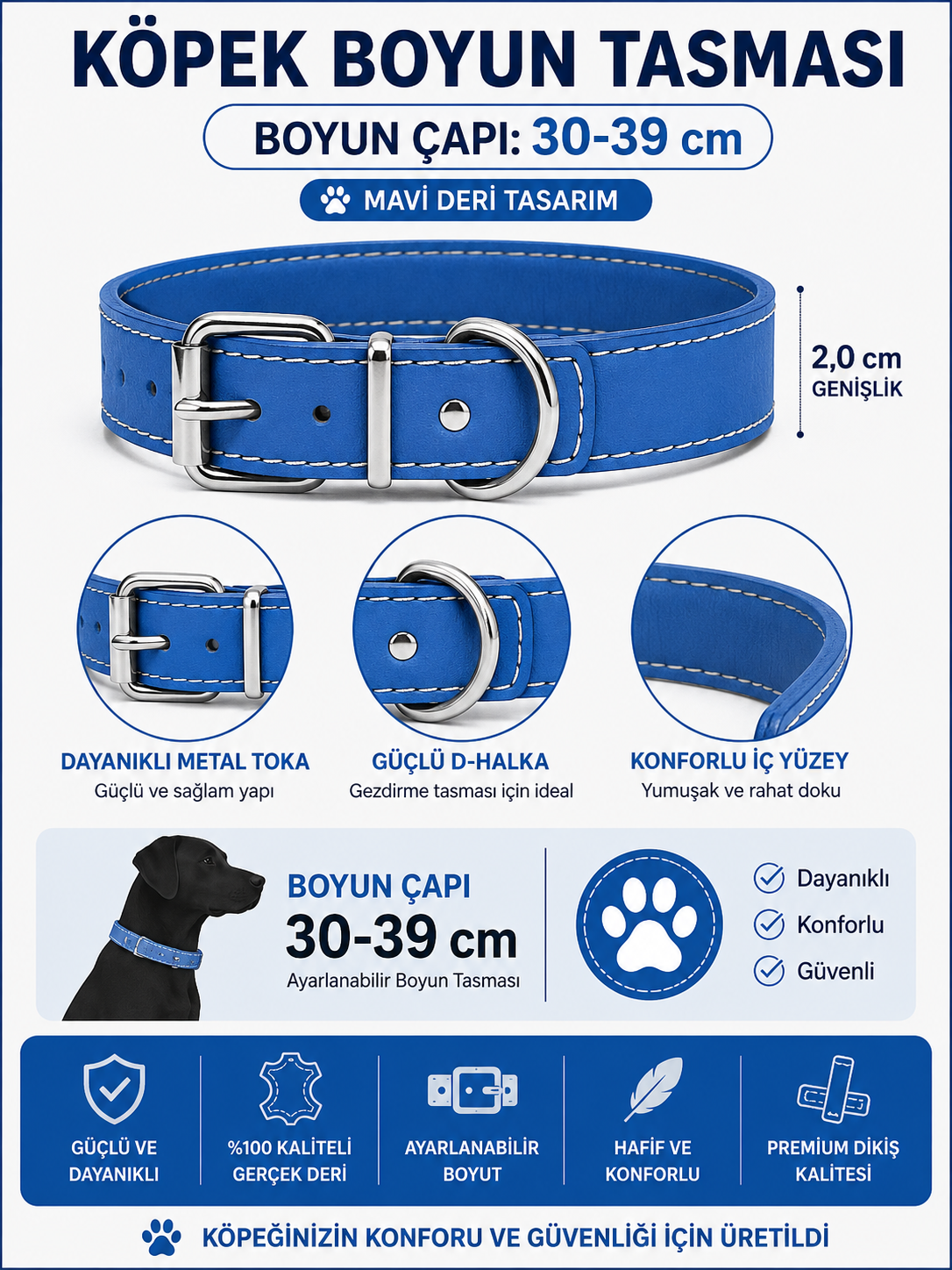 Deri Köpek Boyun Tasması 30-39 cm 2 cm Metal Tokalı D Halkalı Ayarlanabilir - Saks Mavi