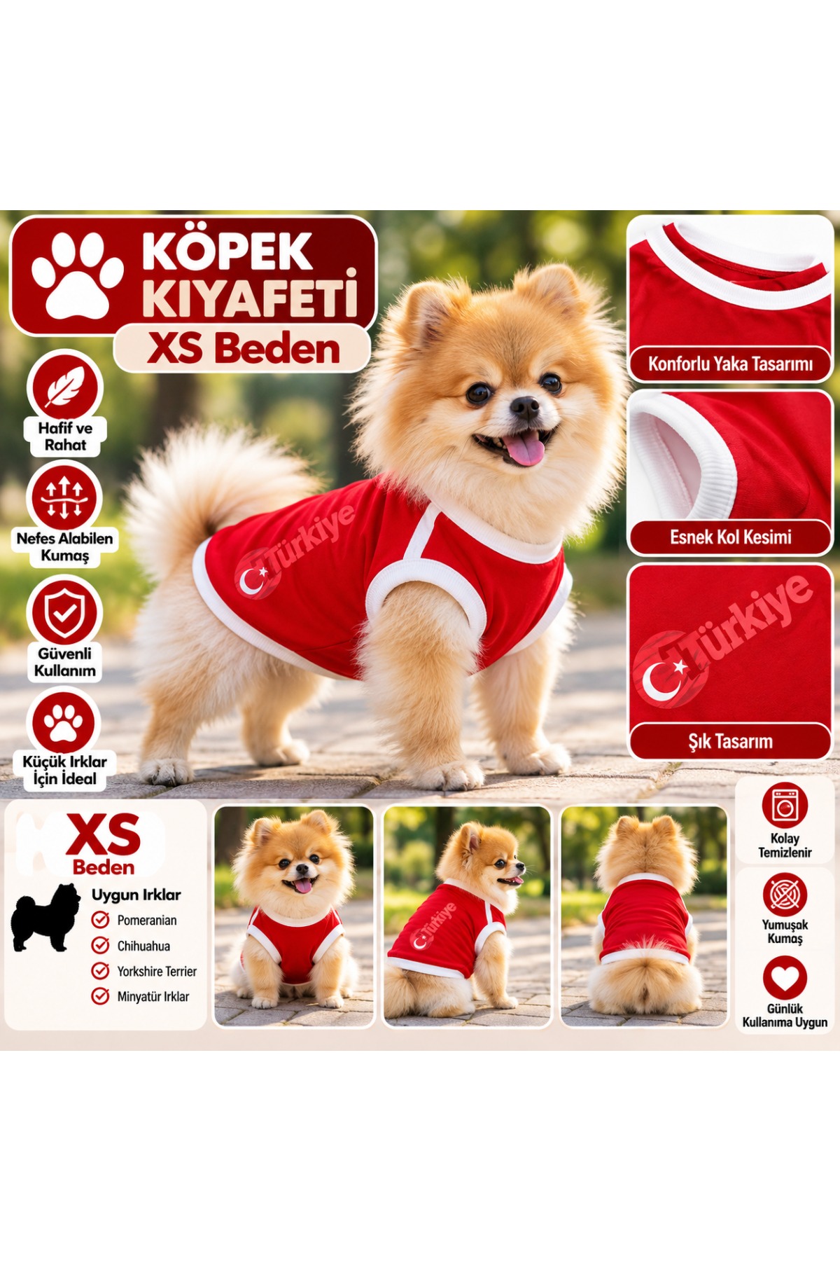 Köpek Kıyafeti Türkiye Formalı Atlet Tişört XS Beden - Kırmızı