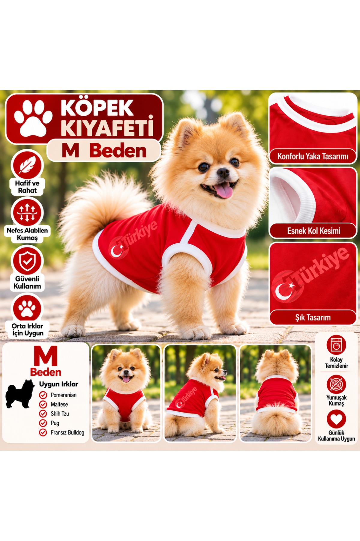 Köpek Kıyafeti Türkiye Formalı Atlet Tişört M Beden - Kırmızı