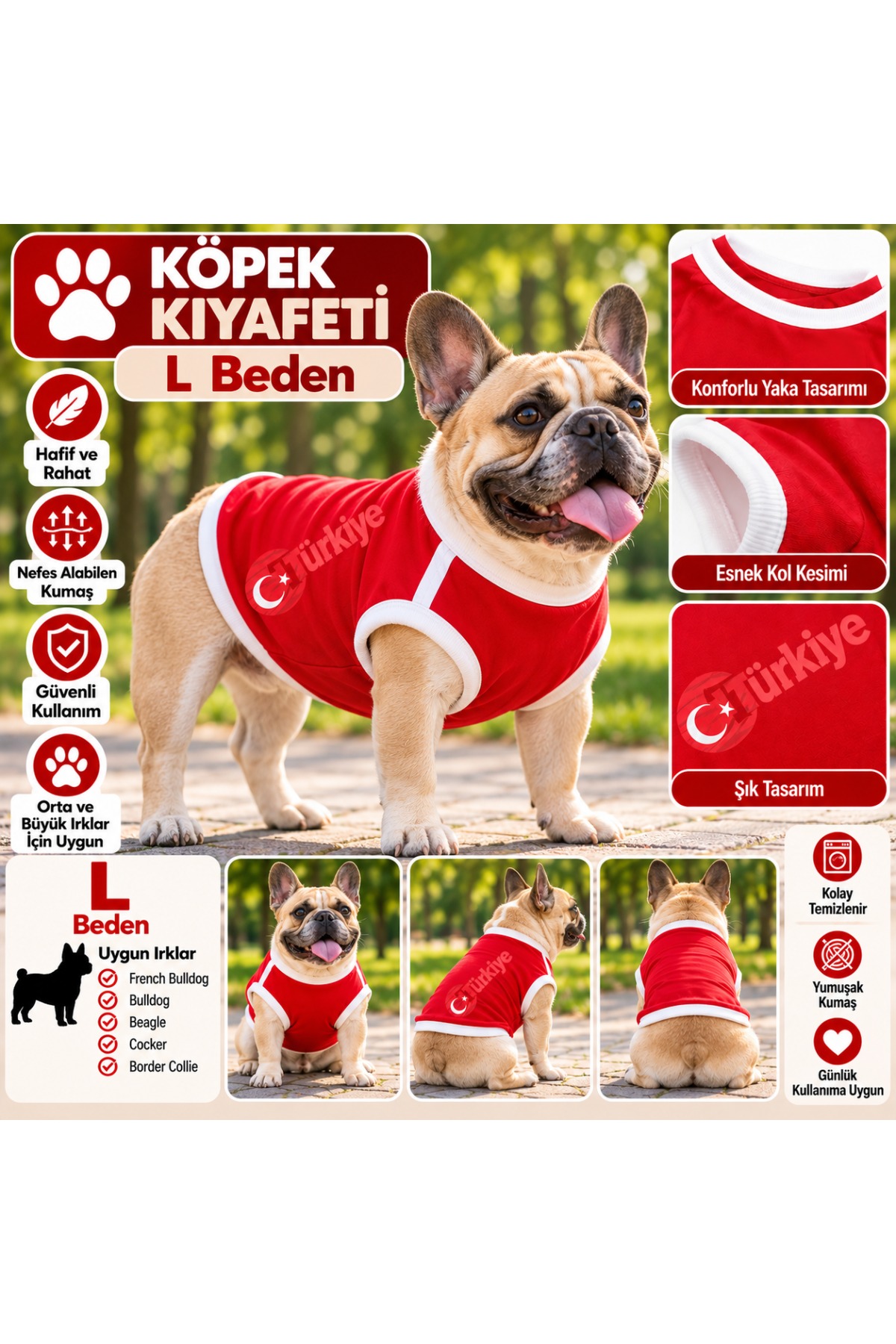 Köpek Kıyafeti Türkiye Formalı Atlet Tişört L Beden - Kırmızı