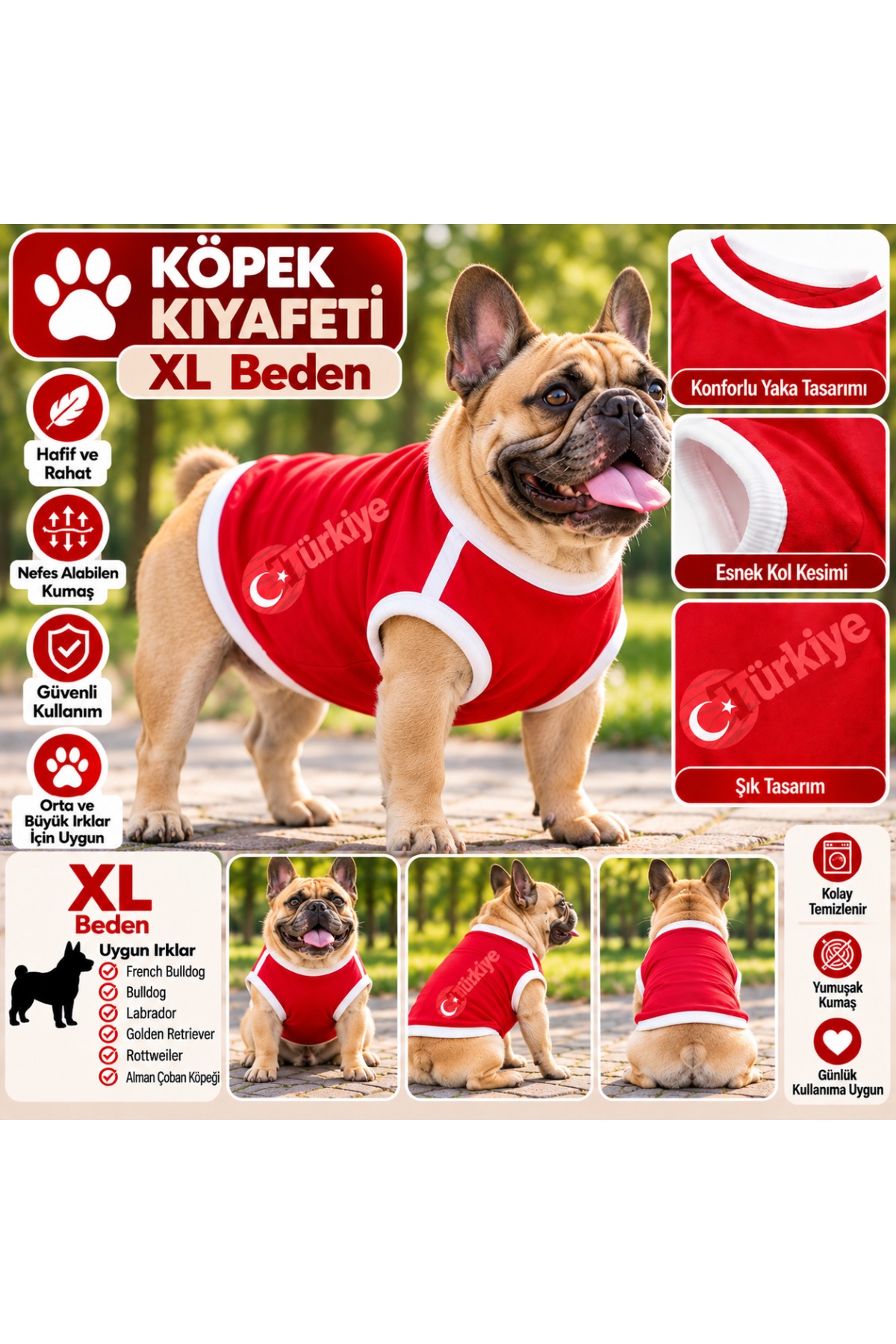 Köpek Kıyafeti Türkiye Formalı Atlet Tişört XL Beden - Kırmızı