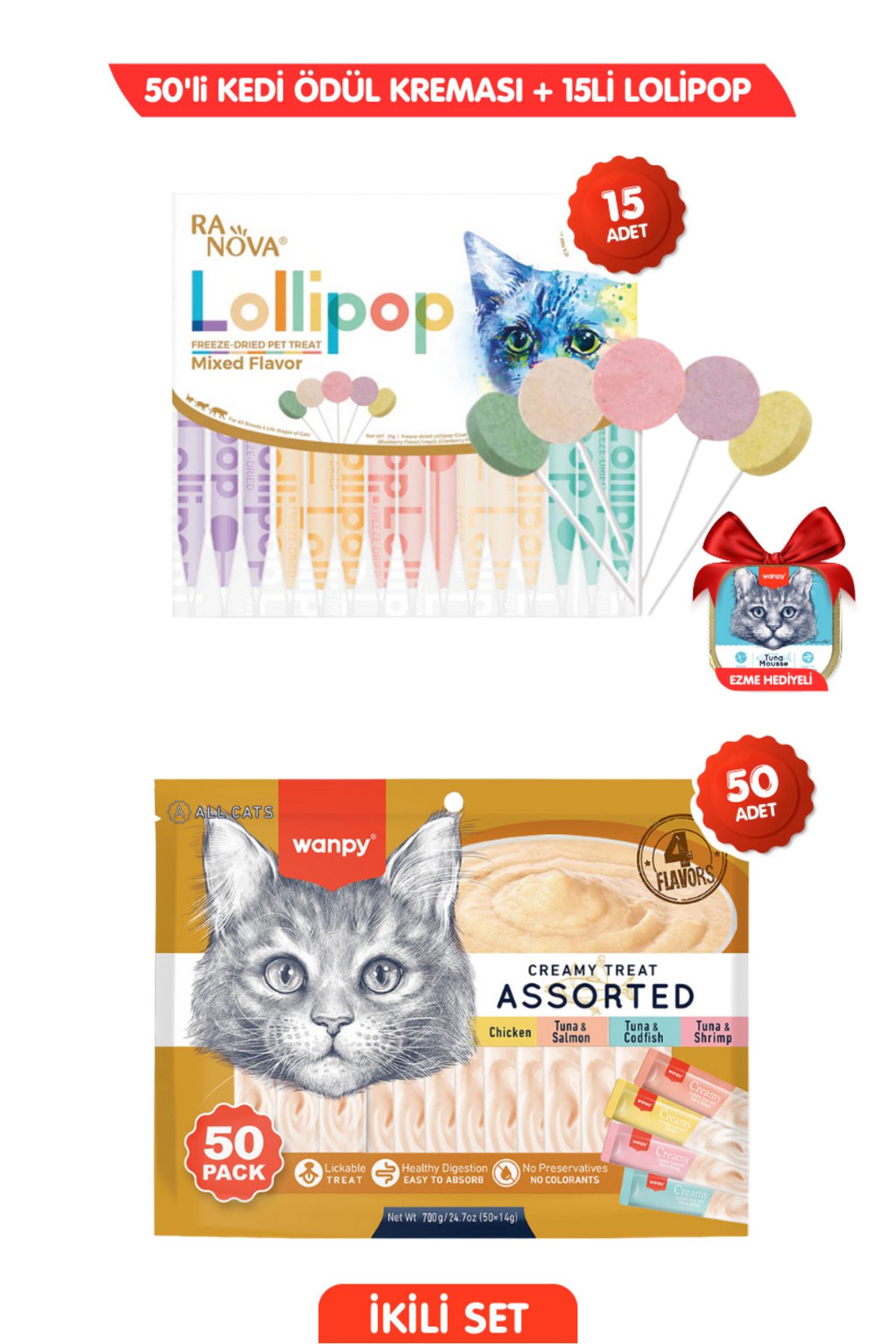 Wanpy Kedi Krema 50 li & Ranıva Kedi Lolipop 15 li