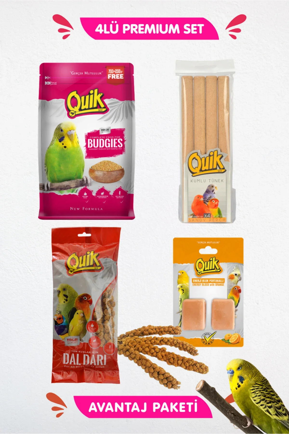 Quik  4lü Muhabbet Seti - Muhabbet Yemi 1kg Kumlu Tünek 4lü Portakal Gaga Taşı İkili Dal Dar