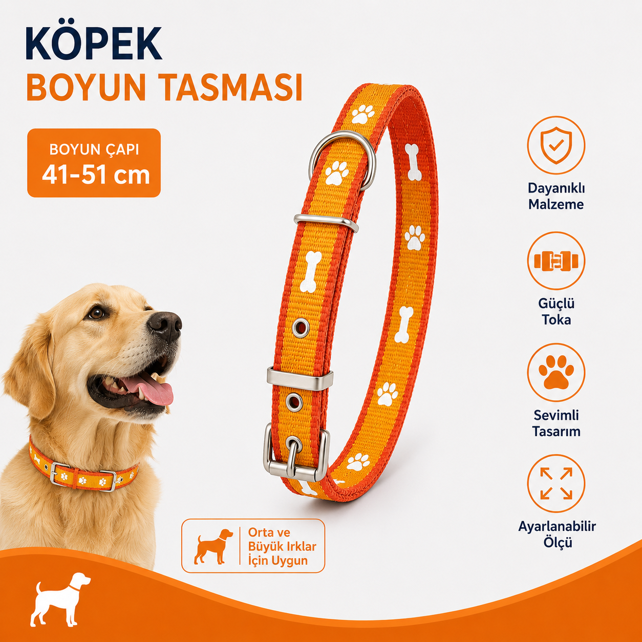 Pati ve Kemik Desenli Köpek Boyun Tasması 41-51 cm Ayarlanabilir Metal Tokalı D Halkalı - Turuncu
