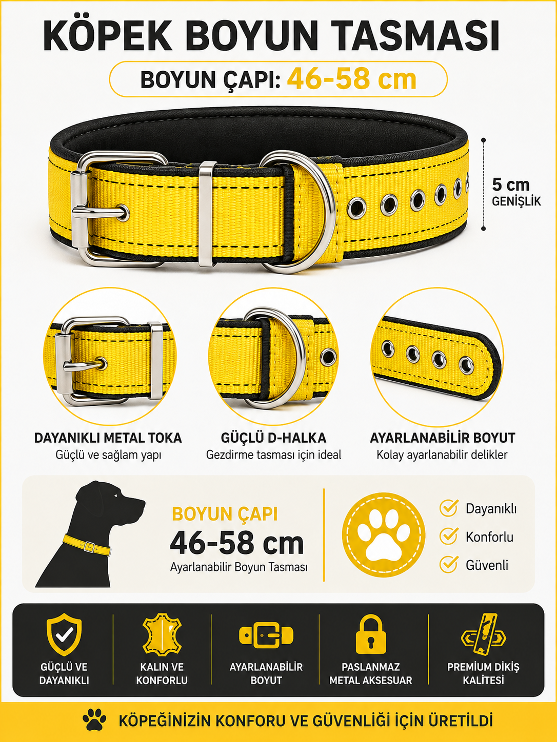 Pedli Köpek Boyun Tasması 46-58 cm Kalın Metal Tokalı D Halkalı - Sarı Siyah