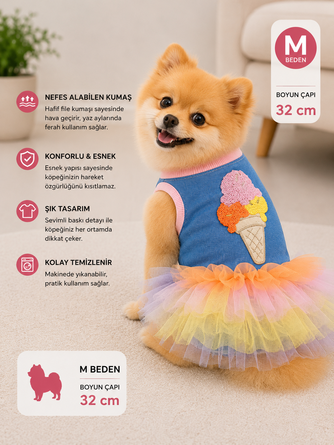 Köpek Elbisesi M Beden Boyun Çapı 32 cm Tütü Etekli Dondurma Nakışlı Çıtçıtlı - Kot Mavi