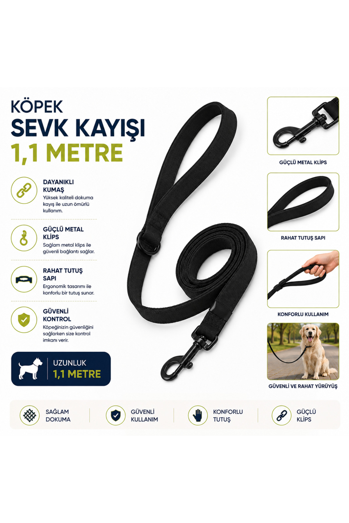 Köpek Sevk Kayışı 1,1 Metre Siyah Dokuma Pedli Tutuş Sapı Metal Klips