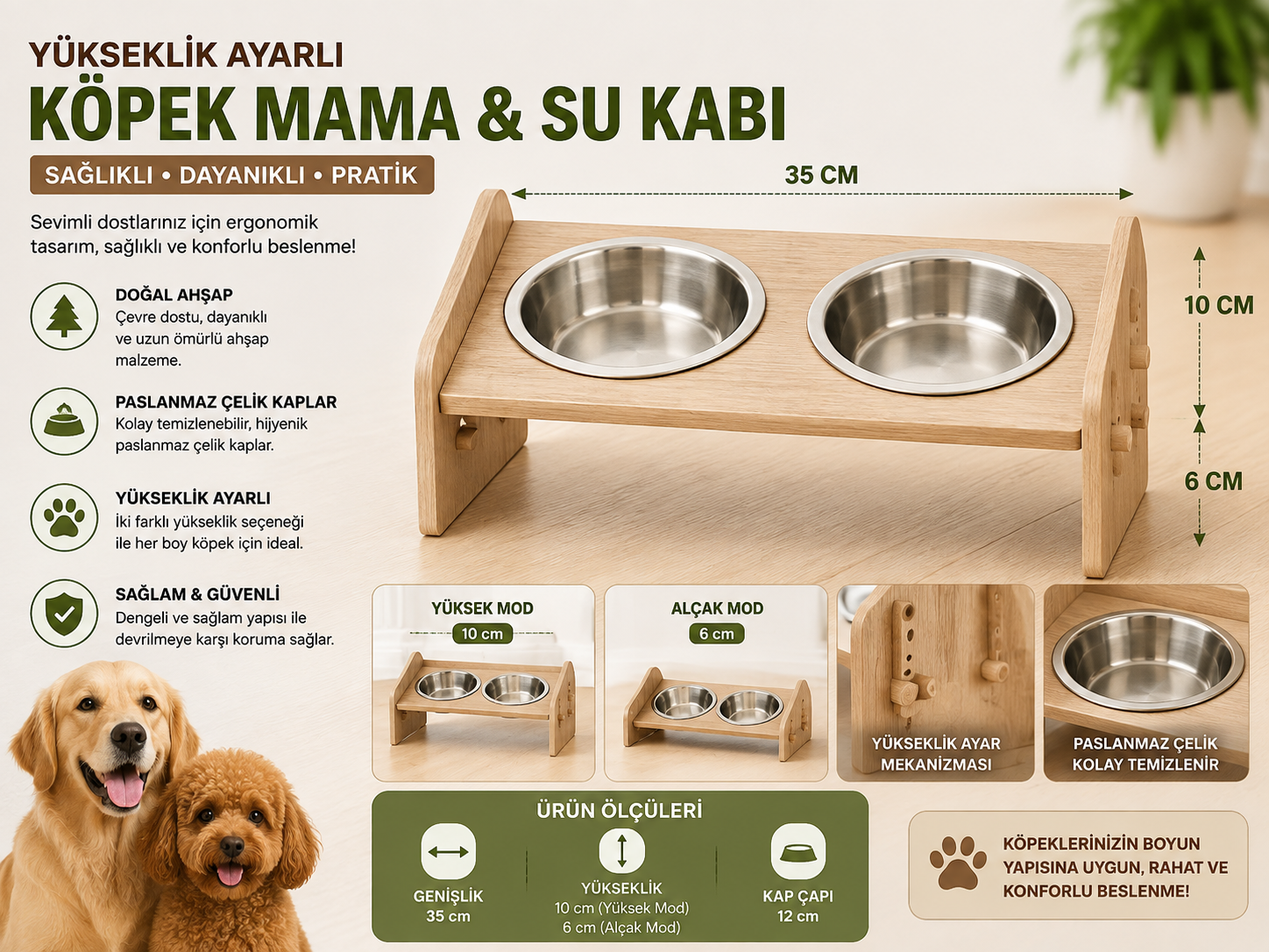 Yükseklik Ayarlı Ahşap Çift Kaseli Köpek Mama ve Su Kabı 35 cm Paslanmaz Çelik