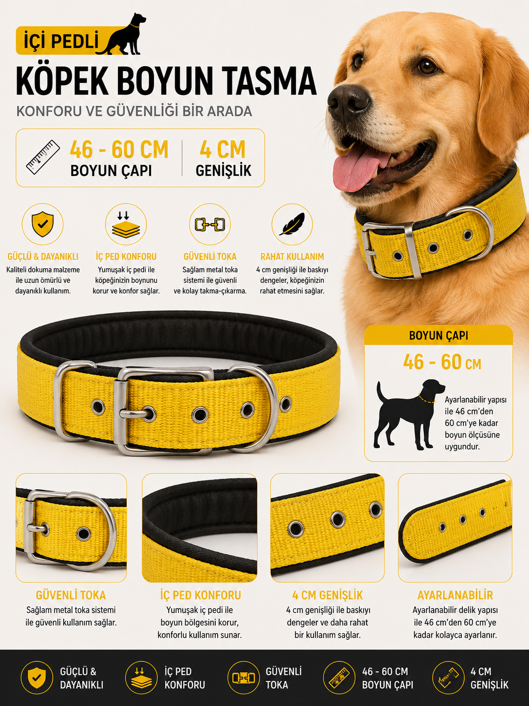 Köpek Boyun Tasması İçi Pedli 46-60 cm 4 cm Geniş Ayarlanabilir Metal Tokalı - Sarı