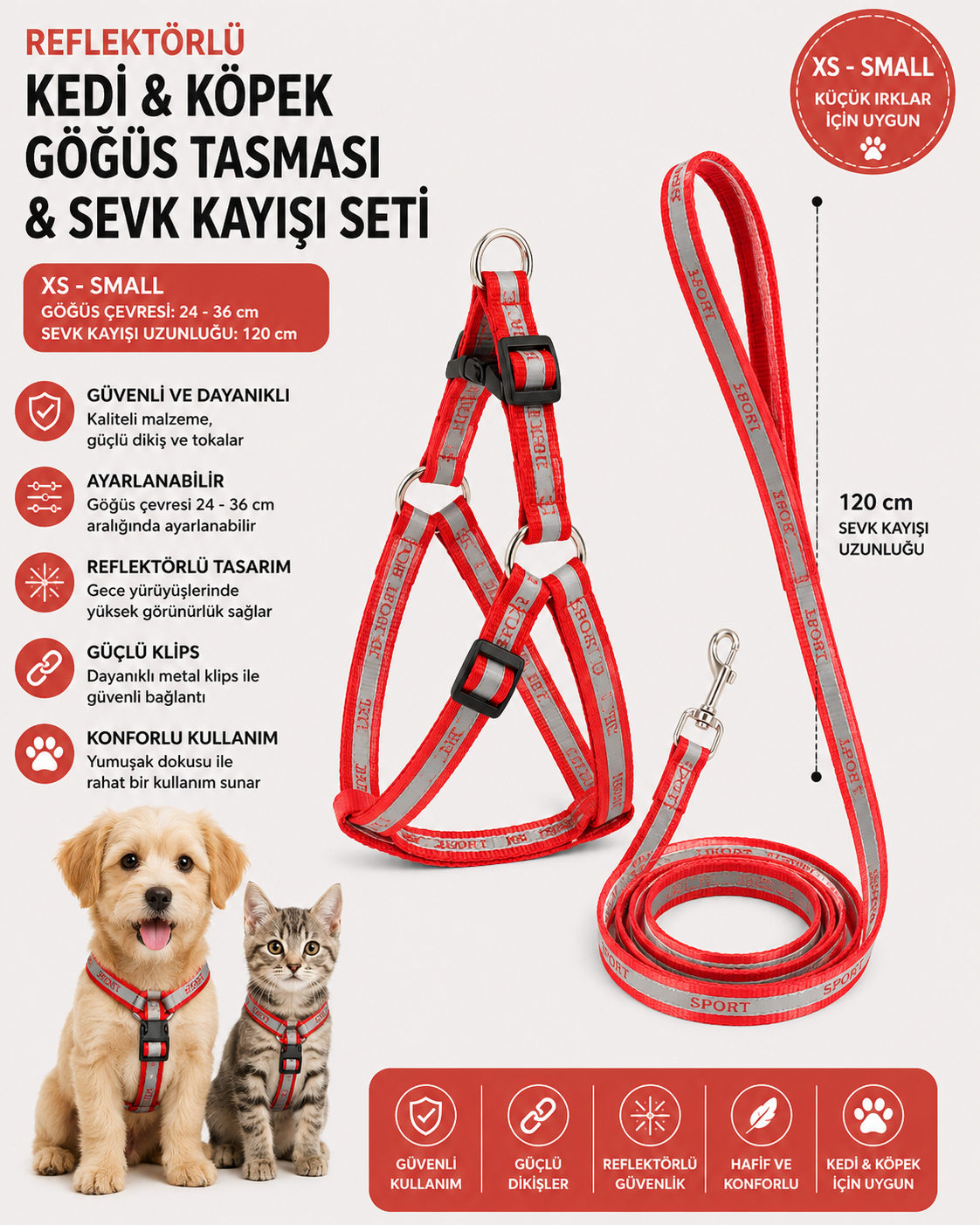 Reflektörlü Kedi ve Köpek Göğüs Tasması Sevk Kayışı Seti XS-S 24-36 cm 120 cm Kayış - Kırmızı