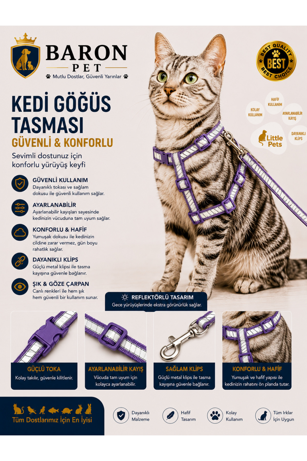 Kedi Göğüs Tasması ve Gezdirme Kayışı Seti Mor Reflektörlü Ayarlanabilir